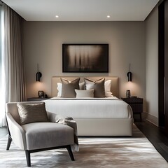 A contemporary bedroom featuring sleek furniture, neutral colors, and modern decor. The space is designed to be stylish and uncluttered, offering a serene and sophisticated atmosphere.
