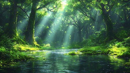 Obraz premium Sunbeams illuminate a tranquil forest stream, creating a serene and magical atmosphere.