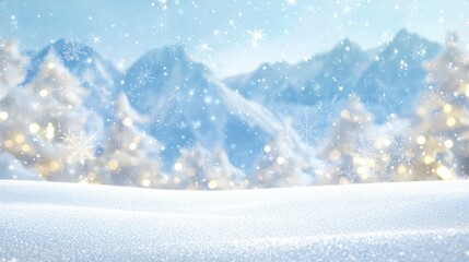 Tranquil Winter Wonderland: Cozy Snowy Mountain Village under Starlit Sky for New Year Banner Background