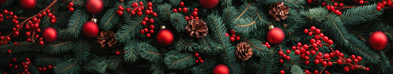 Red balls decoration and green Christmas tree, cone close-up background. Winter template, banner concept for Christmas, New Year and sale season. Web card and backdrop with space for text