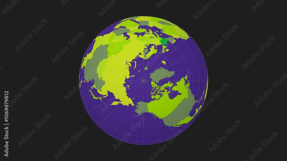 Poster rotating globe with a north pole view. slow-speed earth rotation with colored countries on a dark ba
