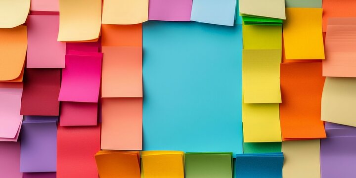 A vibrant arrangement of colorful sticky notes framing a central blue note, ideal for reminders or creative brainstorming.