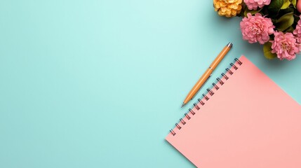 A pastel blue surface features a pink notepad, a pencil, and colorful flowers, creating a serene and creative workspace.