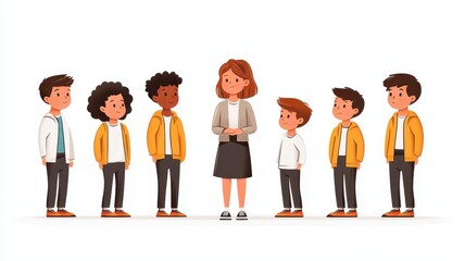 A group of diverse children and a teacher are gathered, engaged in conversation, showcasing unity and inclusion in a vibrant, animated style.