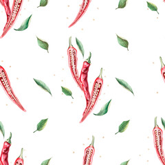 Seamless pattern, of cut peppers. Watercolor illustration on a white background of hot peppers for packaging design, kitchenware, textiles and clothing