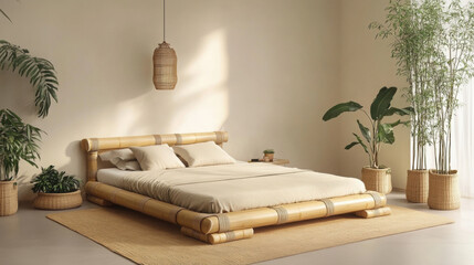 serene minimalist bedroom featuring bamboo bed, soft bedding, and lush plants, creating calming atmosphere