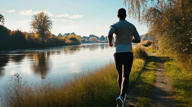 A man runs along a path next to a river on a sunny autumn day