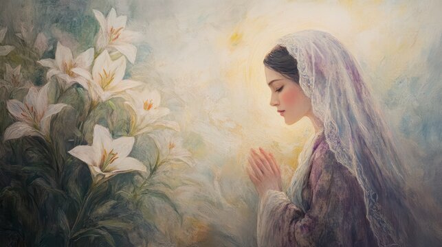 Annunciation scene with symbolic lilies: soft pastel tones, Gabriel presence gentle and protective, light glow around Mary, calm and reverent mood
