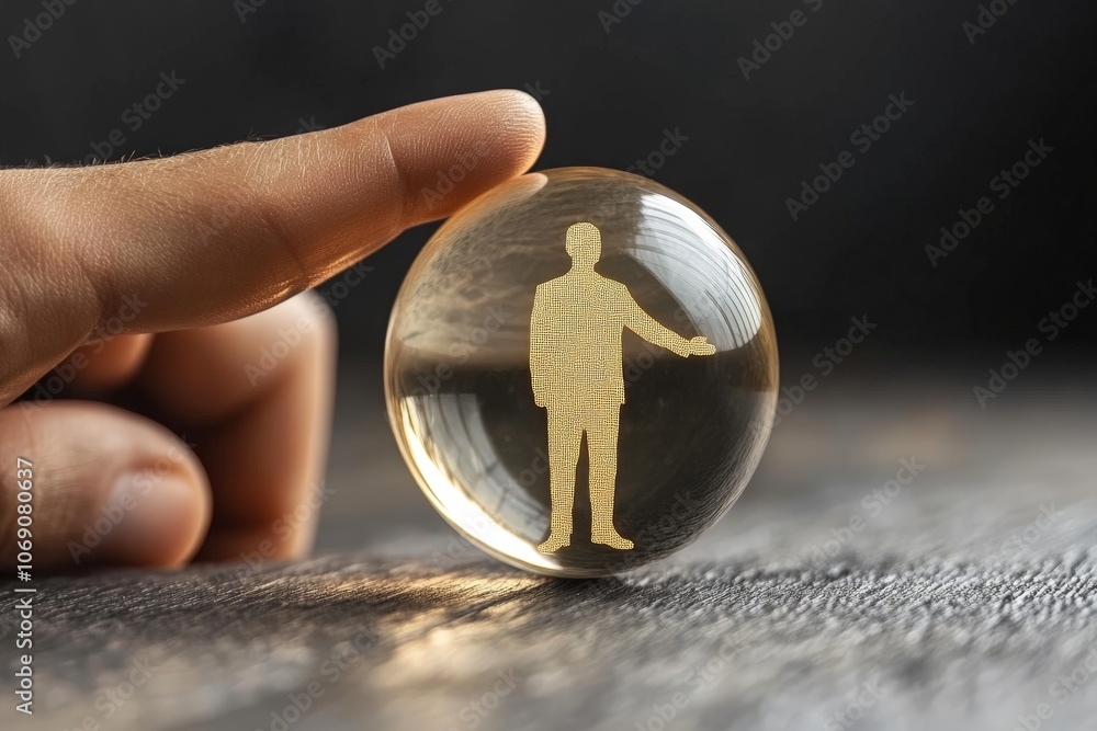Poster finger touching a small transparent sphere with human silhouette inside representing individuality f