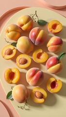 A vibrant arrangement of ripe peaches and sliced halves on a soft pastel background, showcasing their juicy interior and delicate leaves, perfect for a summer feast.