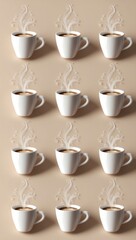 Fototapeta premium Twelve pristine white coffee cups arranged in a grid, each emitting stylish steam swirls, creating a visually appealing composition perfect for coffee lovers.