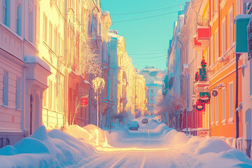 Charming winter festive postcard background showcasing a snowy street scene