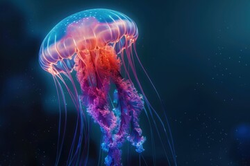 A vibrant jellyfish gracefully floats in deep blue waters, showcasing its bioluminescent tentacles during a tranquil underwater moment