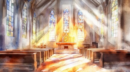 Obraz premium Church interior filled with light rays for a Pentecost celebration, watercolor style enhancing the sacred atmosphere with warmth
