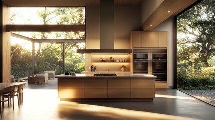 Fototapeta premium Modern Kitchen with Wood Accents and a View of Lush Greenery