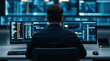 A person sits in front of multiple computer screens displaying data, immersed in a tech-focused environment, highlighting cybersecurity or data analysis.
