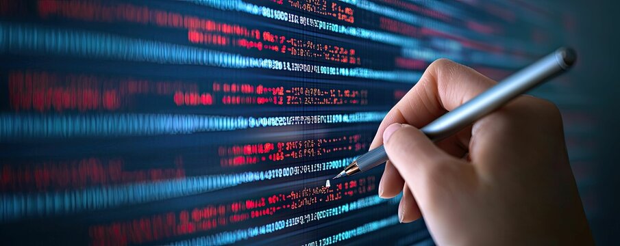 A hand using a stylus to write or edit digital code on a screen displaying colorful data sequences.
