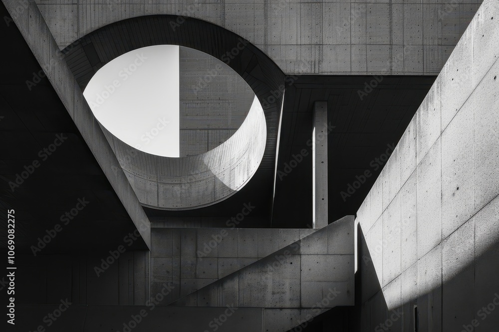 Leinwandbilder Architectural interplay of light and shadow in modern concrete structure featuring curved lines and textured surfaces during a bright day