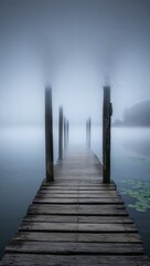 Fototapeta premium A serene wooden pier shrouded in mist, creating a calm and tranquil atmosphere over the still water, inviting reflections of the surrounding nature.