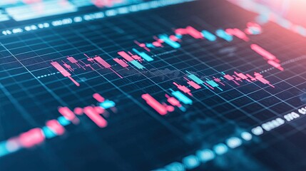 A close-up view of a vibrant financial graph showcasing market trends with fluctuating bars in blue and pink hues.
