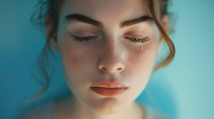 Fototapeta premium A woman cries with her eyes closed while submerged in blue water