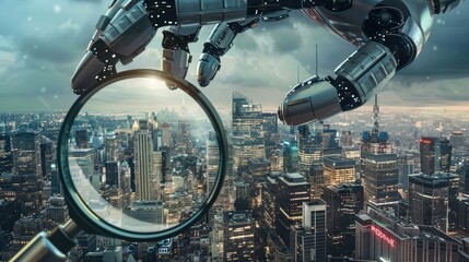 Fototapeta premium Robotic Hand Analyzing Futuristic Cityscape