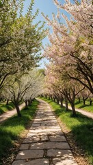 Obraz premium A serene pathway lined with blossoming cherry trees, showcasing stunning pink and white blooms against a clear blue sky.