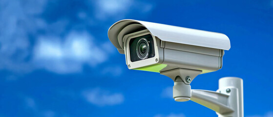 Surveillance camera with LED indicator against blue sky background