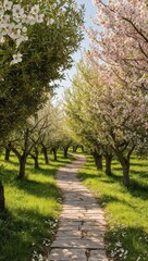Naklejka premium A serene path leads through a blooming orchard, lined with trees adorned in delicate white and pink flowers, creating a peaceful and picturesque spring scene.