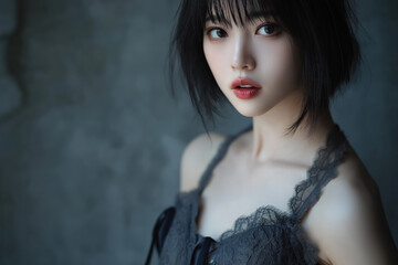 portrait of a korean beauty with bob haircut and natural makeup in a dark lace dress against a dimly lit background