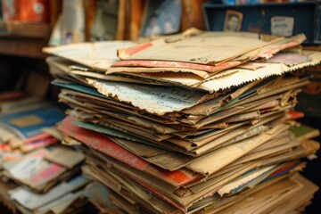 A collection of neatly stacked documents and files on a shelf in a vintage library, showcasing the organization of archival materials from the mid-20th century