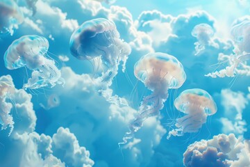 A whimsical gathering of ethereal jellyfish floating among vibrant clouds in a surreal sky during twilight