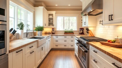 White Kitchen with Wooden Countertops, Stainless Steel Appliances, and Natural Light