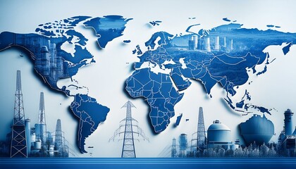 Blank world map with industrial and energy sector elements like power plants and factories, presented in blue tones for business-focused graphics