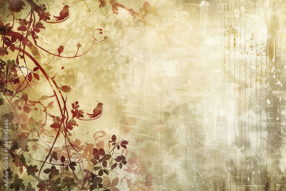 Poster a textured background featuring dried leaves and twigs in muted tones, creating a natural and earthy