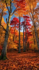 Fototapeta premium Vibrant autumn landscape featuring tall trees with striking red and golden leaves under a clear blue sky, creating a picturesque fall scene.