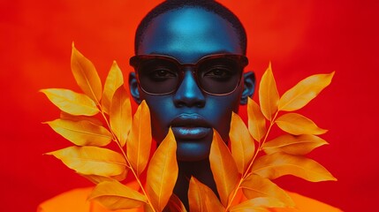 High-Contrast Fashion Portraits of Model in Orange, Sunglasses, and Golden Leaves with Red Background