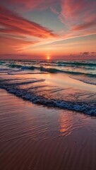 Obraz premium A breathtaking sunset over the ocean, with vibrant pink and orange hues illuminating the sky, reflecting on the gentle waves lapping the sandy shore.