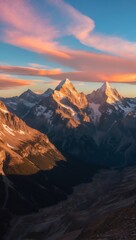 Obraz premium Majestic sunrise over snow-capped mountains, showcasing a vibrant sky in soft pastel colors, creating a serene and breathtaking natural landscape.