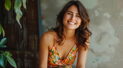 Fototapeta premium A woman smiles brightly while standing in front of a wall