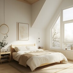 Fototapeta premium A cozy Scandinavian-style bedroom featuring white walls, light wooden furniture, and an abundance of natural light streaming through large windows