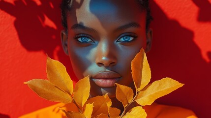 Bold and Artistic Portraits of Model in Vibrant Orange Fashion with Golden Leaves Against a Striking Red Background