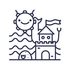 Naklejka premium Playful castle icon with a smiling sun and beach waves in a whimsical design, blue outline
