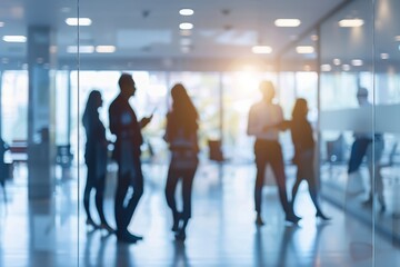 Collaborative teamwork in office setting with blurred background.
