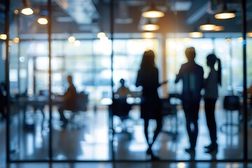 Collaborative teamwork in office setting with blurred background.