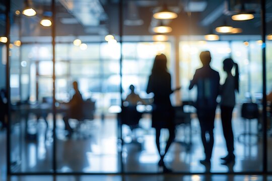 Collaborative teamwork in office setting with blurred background.