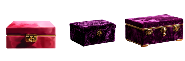 Luxurious velvet boxes in red and purple shades, adorned with gold accents, ideal for storage or gifting.
