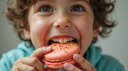 A boy enjoys a macaron in a joyful moment capturing crumbs