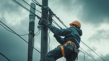 electrician climbs utility pole repair damaged power line amid cloudy skies demonstrating skill and safety challenging weather conditions.