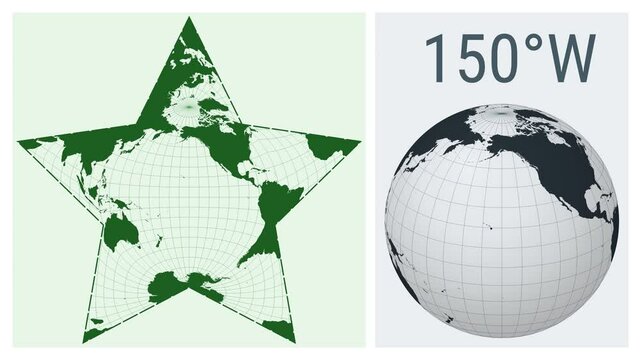 World Map Animation. Berghaus star projection. Solid color style. Animated world map in Berghaus projection. Loopable animation showing longitude shift and matching globe.